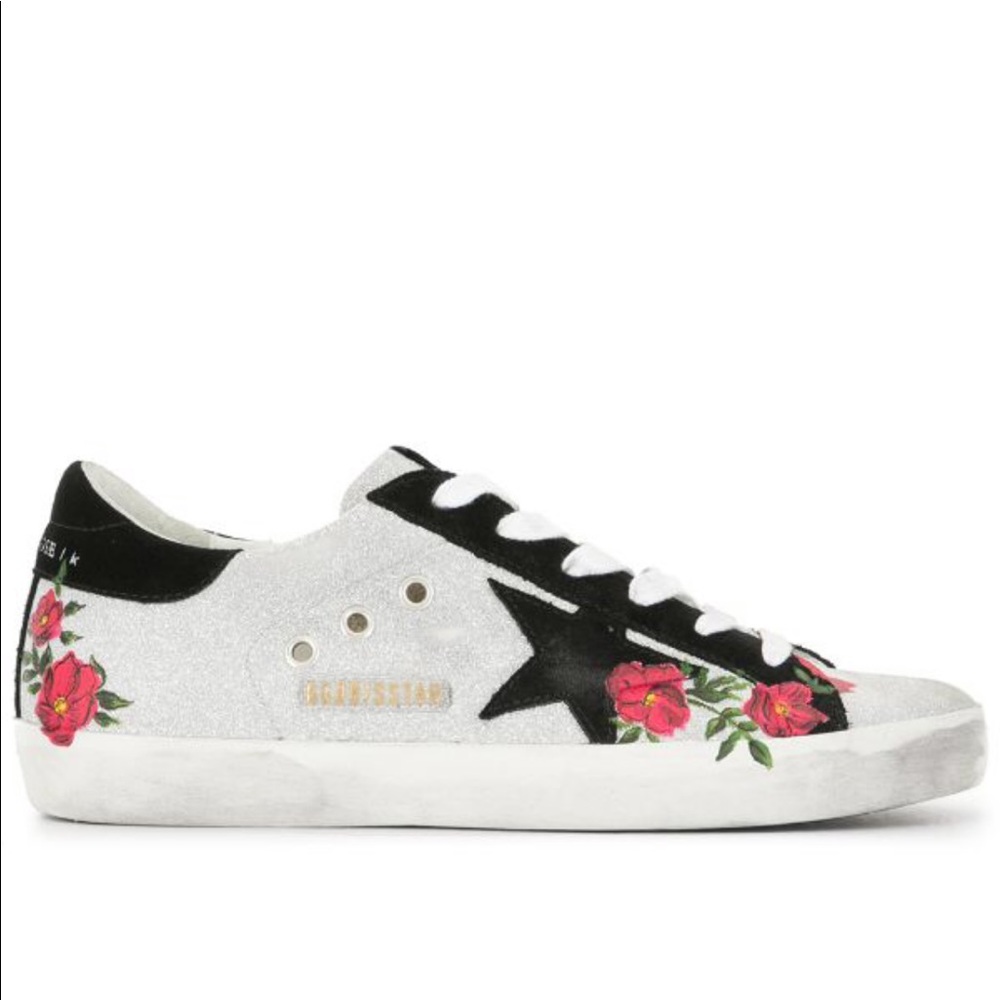 Golden Goose White Silver Sneakers with Black Star and Red Floral Embroidery - Picture 2 of 15
